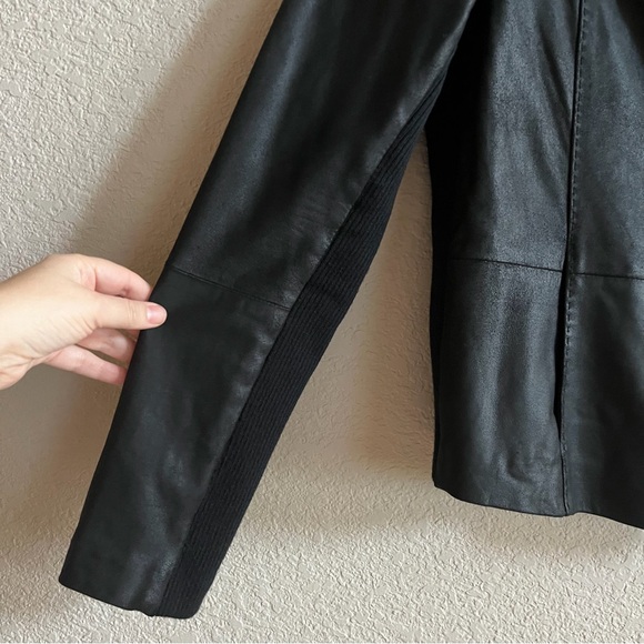 VINCE Size Large Goat Leather Moto Jacket Black wool knit panel Scuba neck NWOT - Picture 6 of 13